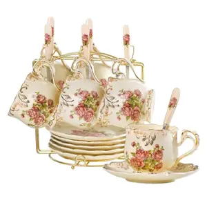 10 Pieces Set, 1 Tray+1 Teapot+4 Cups+4 Spoons Ceramic Tea Set, European Vintage Style Luxurious Rose Flower Water Cup 250ml, Light Yellow 800ml Teapot, With Spoon Set, For Afternoon Tea, Restaurant, Living Room Tea Cup Back To
