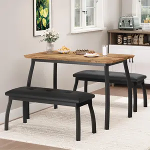 Garvee Modern 3-Piece Dining Table Set for 4, Space-Saving Kitchen Table with 2 Upholstered PU Leather Benches and Durable Metal Frame,Vintage Style Furniture for Dining Room, Apartment