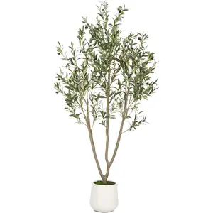 Indoor artificial olive tree, 6-foot tall artificial olive tree and white tall flowerpot, used for home office decoration
