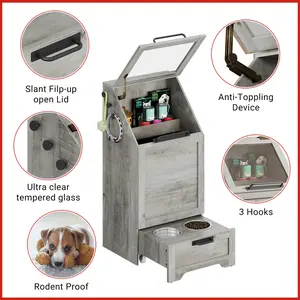 [FLASH SALE] Garvee Pet Food Cabinet,Dog Feeding Station with 2 Elevated Dog Bowls, Dog Food Storage Cabinet,Dog Food Storage Container,Pet Toy Storage Organizer,Modern Dog Storage Cabinet,Grey
