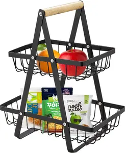 2-Tier Desktop Fruit Holder, Removable Metal Rectangular Basket, Portable Kitchen Storage Bin for Fruit, Veggie, Bread & Snack Organization