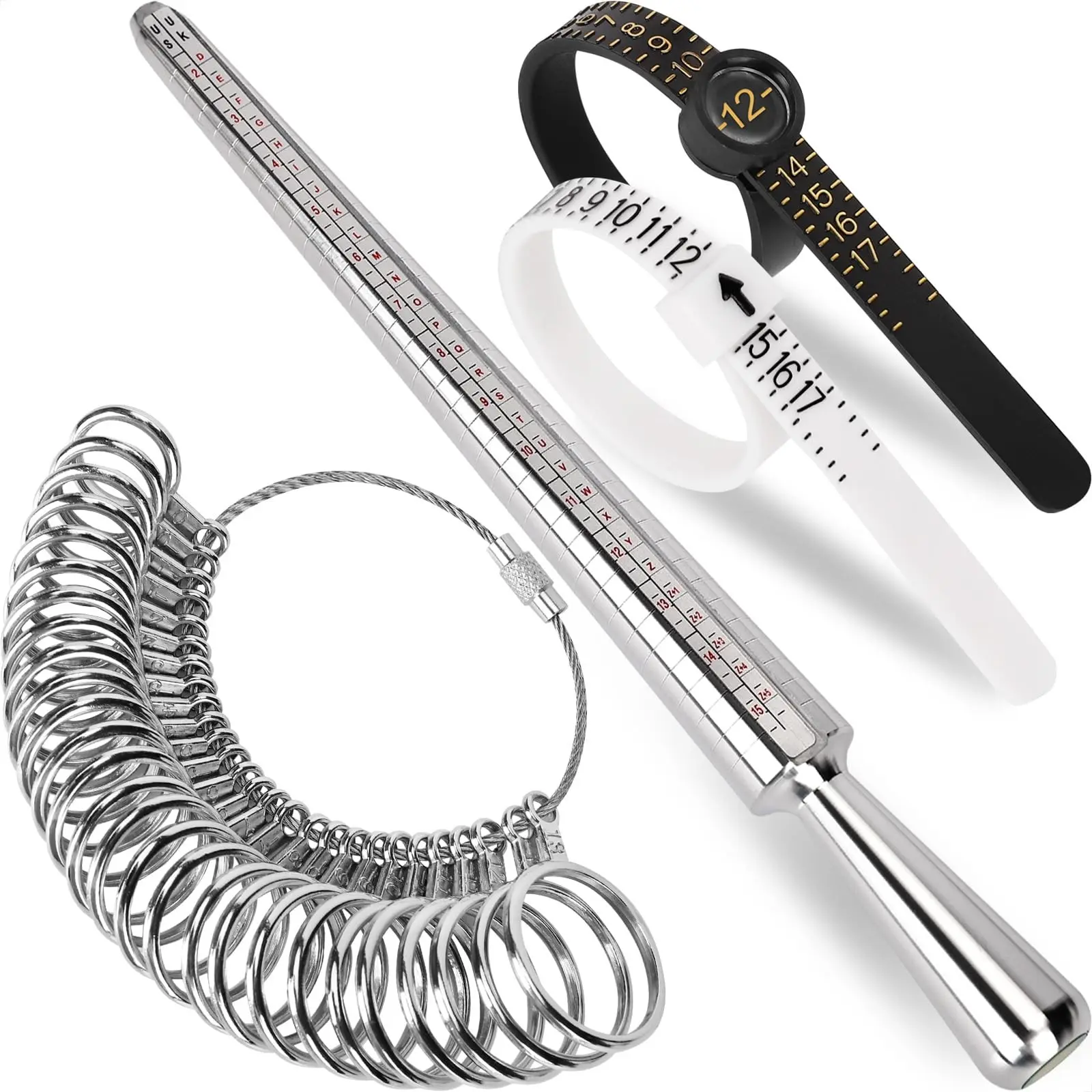 Professional Ring Sizer Measuring Tool Kit, Stainless Steel Mandrel & Finger Gauge, Soft Tape, Clear Markings, Accuracy, Precision for Jewelry Shops & Personal Use