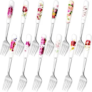 12Pcs Dinner Forks,Stainless Steel Floral Design Forks,Flatware Forks with Ceramic Handle,Dessert Forks Cutlery Forks Table Forks for Home Kitchen Restaurant(12 Floral Patterns)