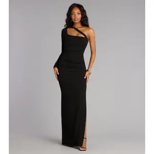 Sam Crepe One-Shoulder Slit Formal Dress