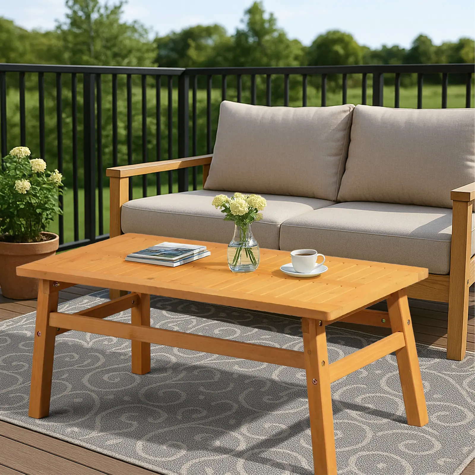 Outdoor Garden Coffee Table, 42" Farmhouse Solid Cedar Wood Side Table, Slatted Water‑Draining Tabletop Accent Table With Reinforced Cross Support, Perfect For Patio, Poolside, Lawn, Backyard And Indoor Living Room, Teak Finish