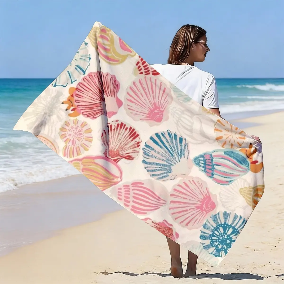 Quick-Dry Beach Towel with Colorful Shell Print, Reusable Non-Shedding Swim Towel, Portable Bath Towel for Vacation, Quick Drying Absorbent, Quick Drying Towels