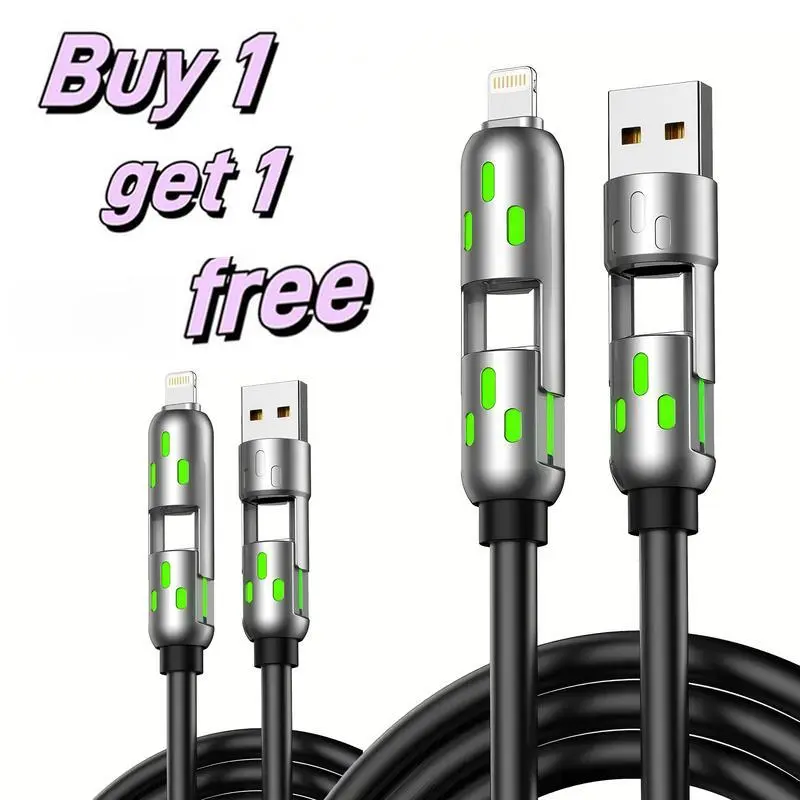 [Buy 1 Get 1 Free]- 5.9ft  4-in-1 Multi USB Charging Cable with USB A,Type C,Lightning-MAX65W Fast Charging & Data Sync for iPhone16/15,iPad Pro, Samsung & Laptops fast charge usb cable 4-in-1 fast Breathing Light  -max 1 usb-c data 4 1 charging cable
