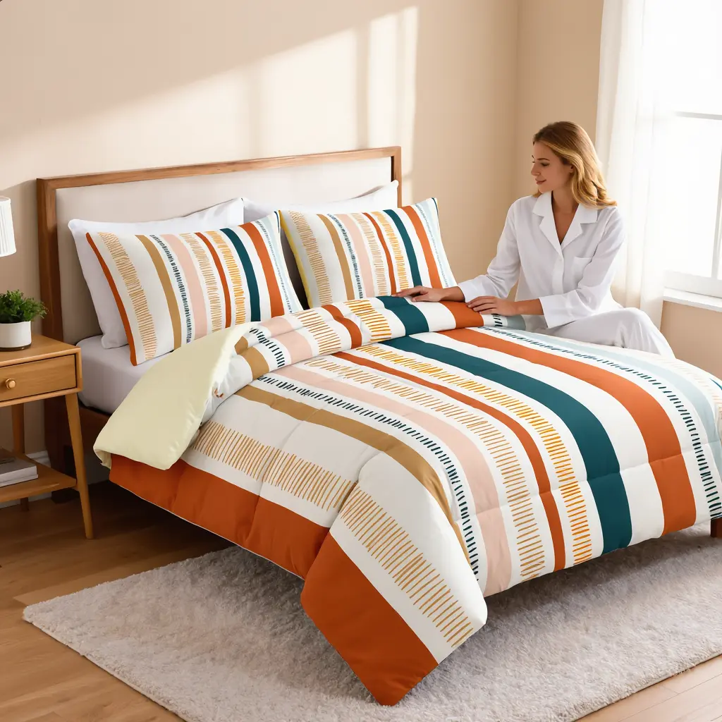 Queen Comforter Set - 3-Pc Vibrant Boho Striped Wrinkle-Resistant Ultra-Soft Teal & Orange All-Seasons Durable Bedding Set with Pillowcases for Cozy Aesthetic Room Decor
