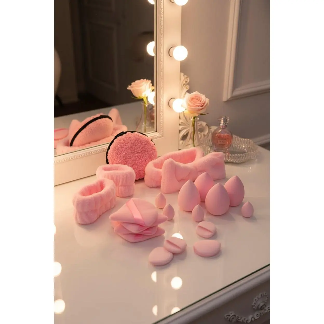Pink Beauty Blender & Skincare Accessory Set - Cosmetics Tools, Facial Makeup Tool, Blending Sponge, Pouch-Included Makeup Sponge Set, Flawless Finish