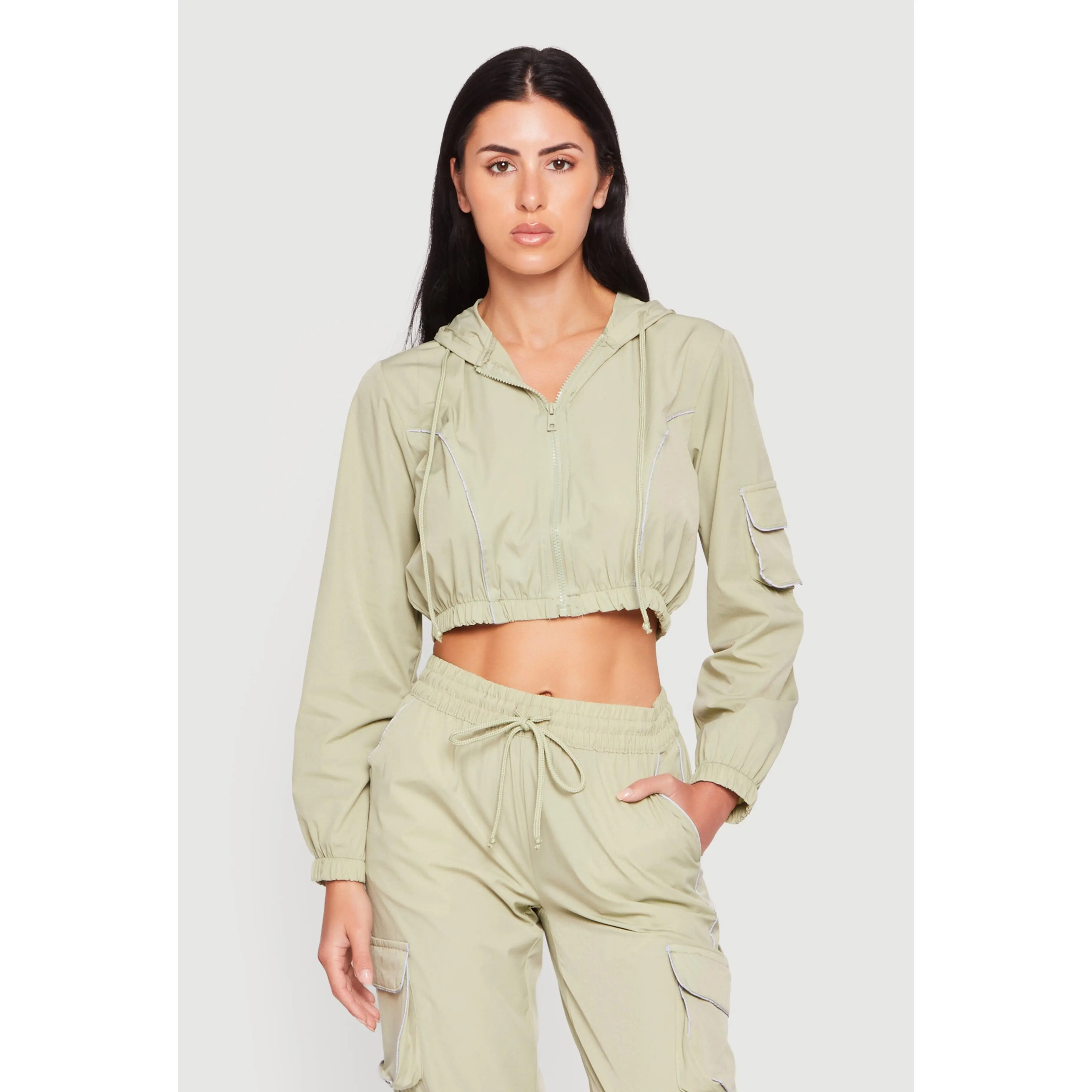 Nylon Cropped Zip Front Hooded Jacket