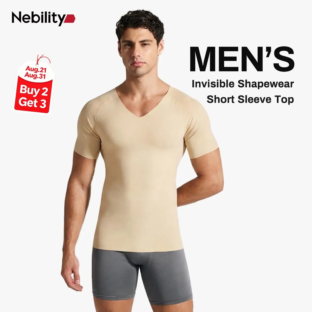 Nebility Mens Invisible Shaping Compression T-Shirt – V-Neck, Quick-Dry, Stretchy Short Sleeve with a Slim-Fit, Smooth Look Under Any Outfit，fathersdaygift