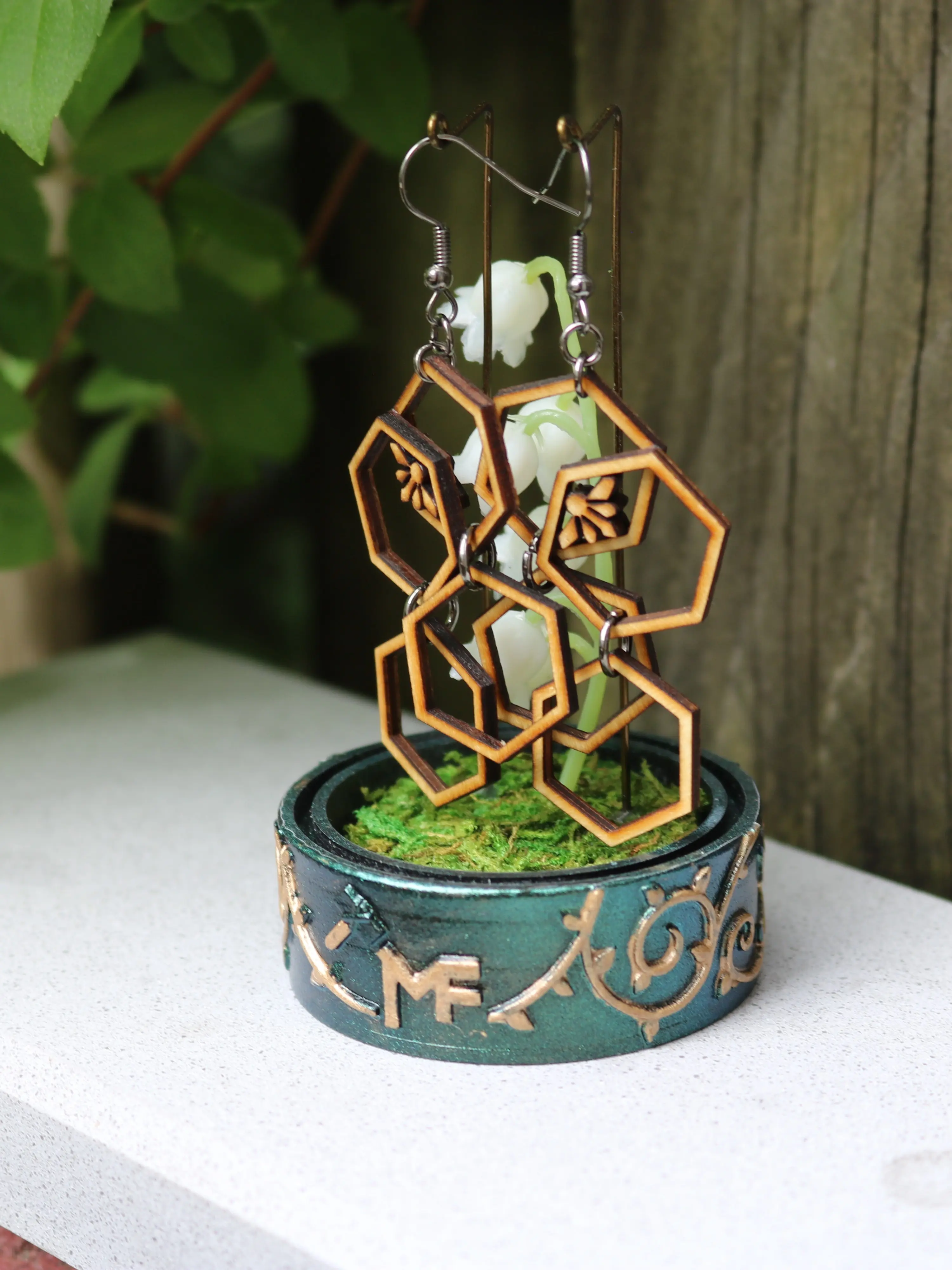 Baltic Birch Honey Bee Earrings and Terrarium Gift Display
