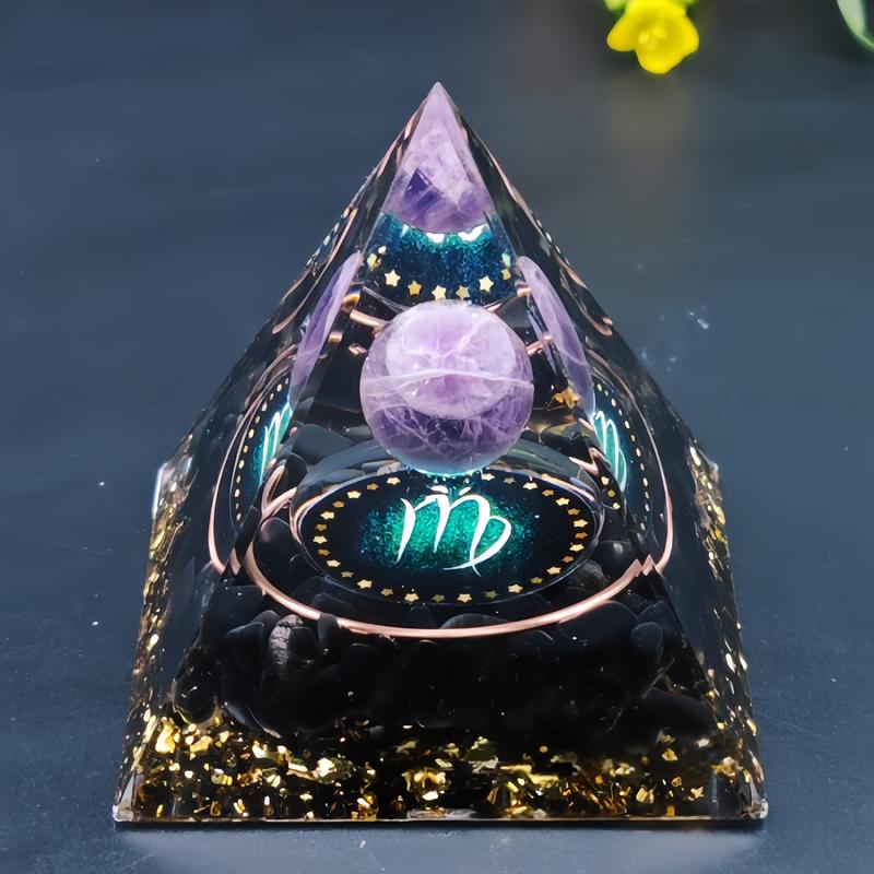 Orgone 12 Constellation Crystal Pyramid - Amethyst & Obsidian Mineral Art | Zodiac-Inspired Desk Focus Decor resin decoration craft soft flame lighter 3d  fidget  star