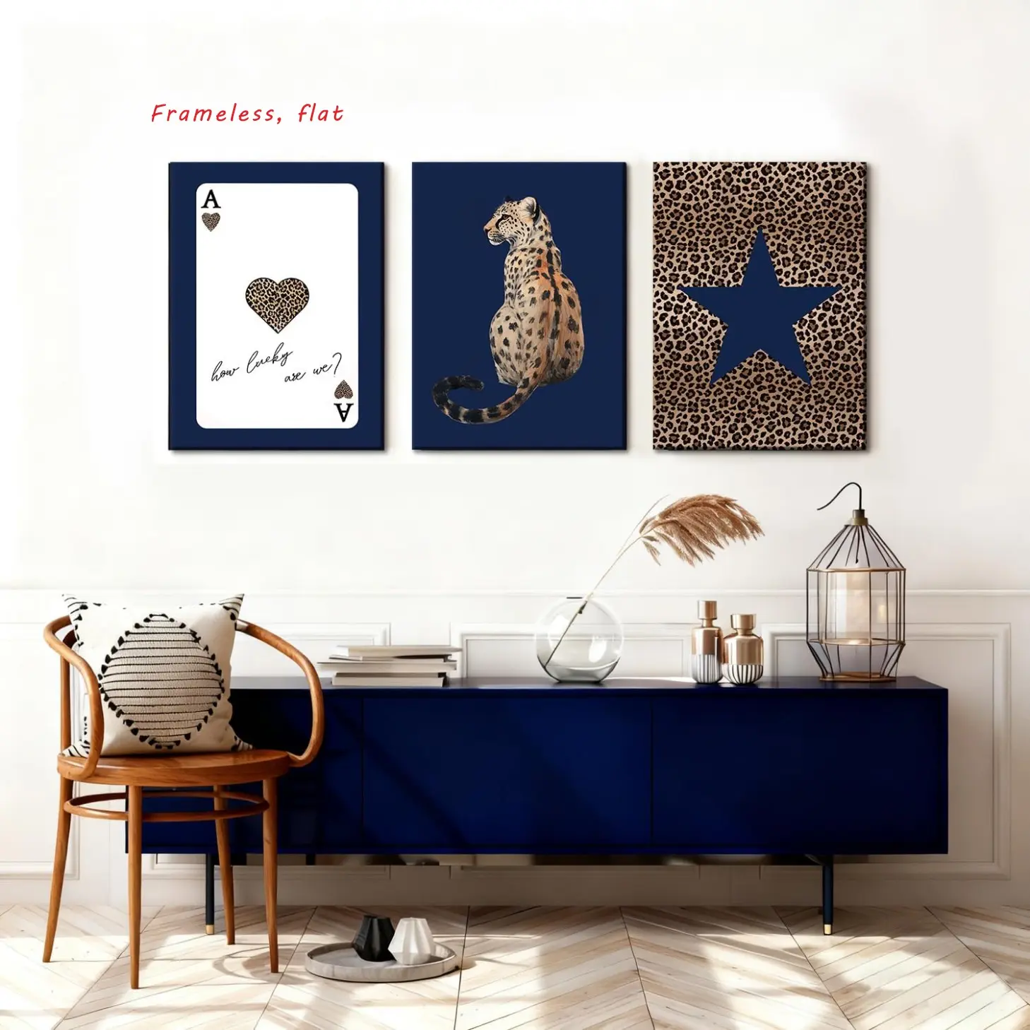 3-Piece Navy Blue Leopard Print Wall Art Set, Star-Patterned Leopard Print Poster, Canvas Prints, Ace of Spades Decorative Artwork, Aesthetic Wall Decor, perfect for living rooms, bedrooms, and home wall decor; frameless