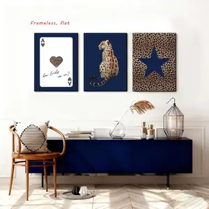 3-Piece Set / Navy Blue Leopard Print Wall Art Set, Navy Blue Star-Patterned Leopard Print Poster, Canvas Prints, Ace of Spades Decorative Artwork—perfect for living rooms, bedrooms, and stylish home wall decor; frameless