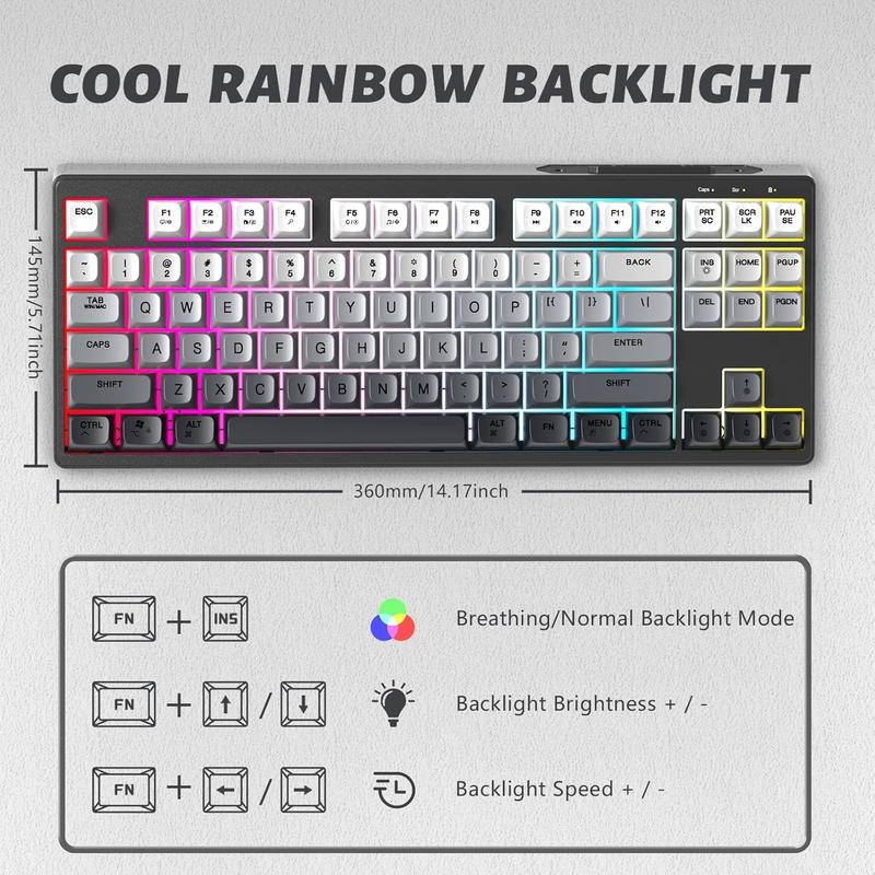 FREEWOLF M87 Wireless/BT Dual Modes Manbrane Gaming Keyboard 87 Keys Layout Type-C Rechargeable PBT Keycaps with Cool Rainbow Backlit  for PC Mac Linux