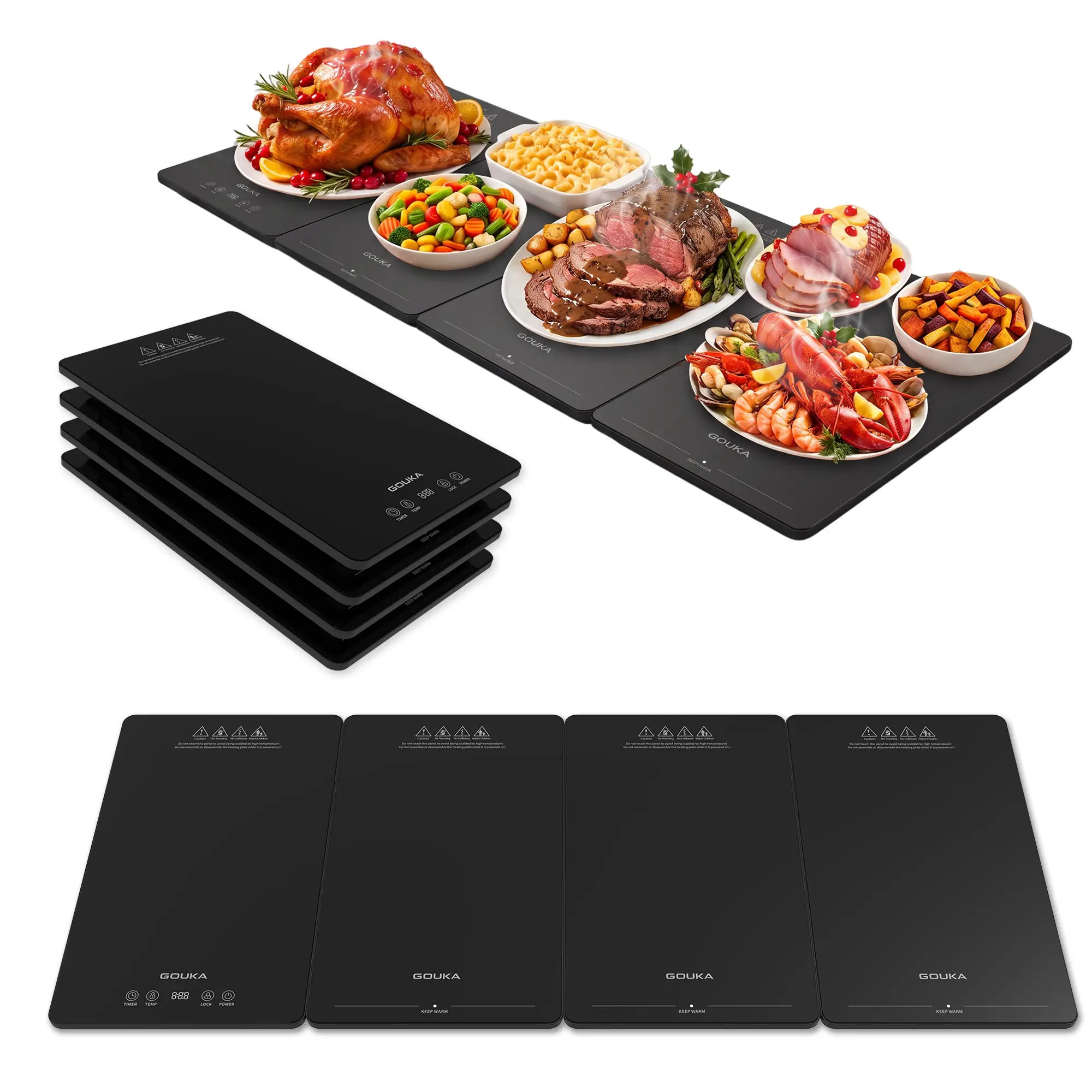 4-in-1 Electric Foldable Warming Tray—a food-warming appliance for parties and buffets,  38 x 15.5-inch glass-surface heating pad with 10 temperature settings and an 8-hour timer，Safety lock; a modular buffet warming tray designed for hosting gatherings.