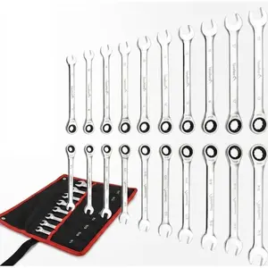 20PCS Ratcheting Spanner Set Metric & SAE – Flex Head & Fixed Head Combination Wrench Set with Storage Roll for Car, Bike & Home Repair