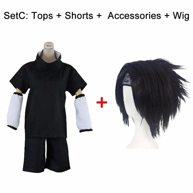 2025 New JP Anime Uchiha Sasuke Generation Polyester Cosplay Costumes Full Set - Black Clothing Merch (S,XXL) with Wig, 1 Shirt, Top, Leggings & Accessories for Halloween, Carnaval Parties (Uchiha Look Included), Includes Wig, Cosplay Party, Anime Look, A