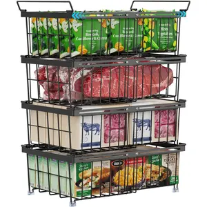 4 Pack Freezer Organizer Bins, Wire Baskets for 10 to 20 Cu.Ft Chest Freezer, Stackable with Handles, Deep Freeze Organizer for Meat & Vegetables, Black