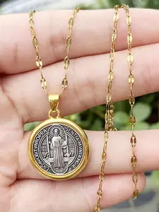 Vintage Saint Benedict Round Pendant Stainless Steel Necklace, Fashion Casual Versatile Unisex Prayer Necklace for Men and Women