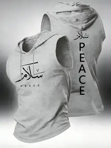 Men’s "Peace" Arabic Calligraphy Print Sleeveless Hoodies, Muslim‑Inspired Athletic Tank Tops, Minimalist Cultural Streetwear#PeaceCalligraphyHoodie #ArabicPrintTank #SleevelessGymWear #MuslimFashionVibe #TikTokFashion
