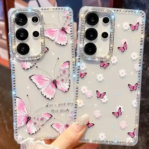 Glitter Butterfly Case For Samsung A17 S24 S25 FE S25 Plus S23 Ultra A07 A16 A26 A36 A56 A15 A35 A55 5G Cover, Decorative Smartphone Protector