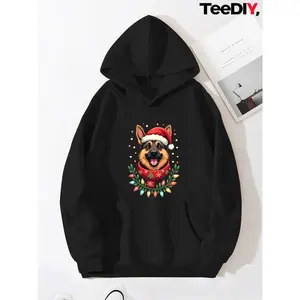 Women's Christmas German Shepherd Hoodie - Festive Dog with Antlers & Paw Print Design, Cozy Long Sleeve Hooded Sweater, Soft Green Winter Hoodie for Dog Lovers, Casual Holiday Outfit with Front Pocket