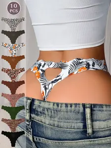 5/6/10 Pack Women's Seamless Wave Edge Thong Panties, Heart Cutout Design, Breathable Comfortable Fashion Underwear, Soft Breathable Panties for All Seasons