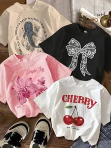 Summer Atmosphere Print T-Shirt Set Aesthetics, Shark Deep Sea Lace Bow Floral Cherry, Vintage American Sweet Girl Style, Loose Fit Casual Short Sleeve Top