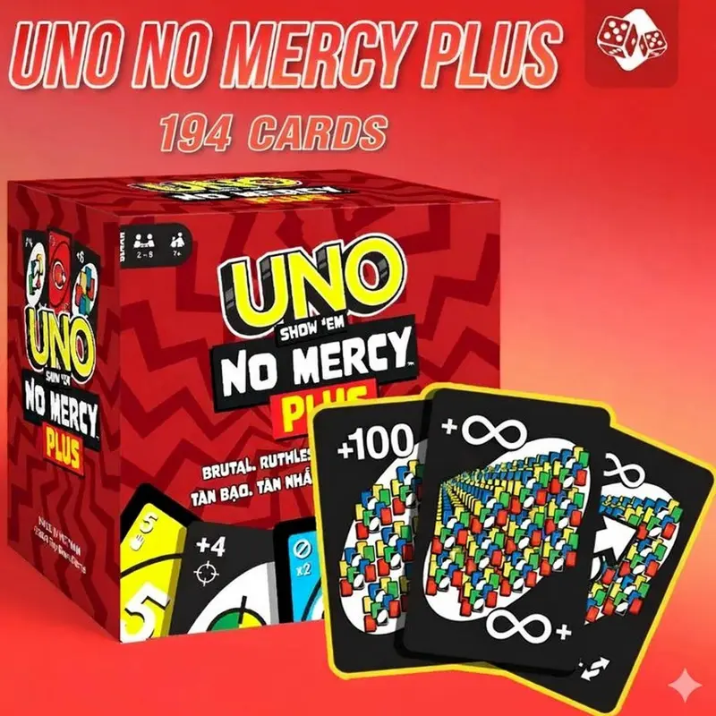 UNO Show ‘em No Mercy Plus Card Game in Storage & Travel Tin for Kids, Adults & Family Night with Extra Cards, Special Rules & Tougher Penalties