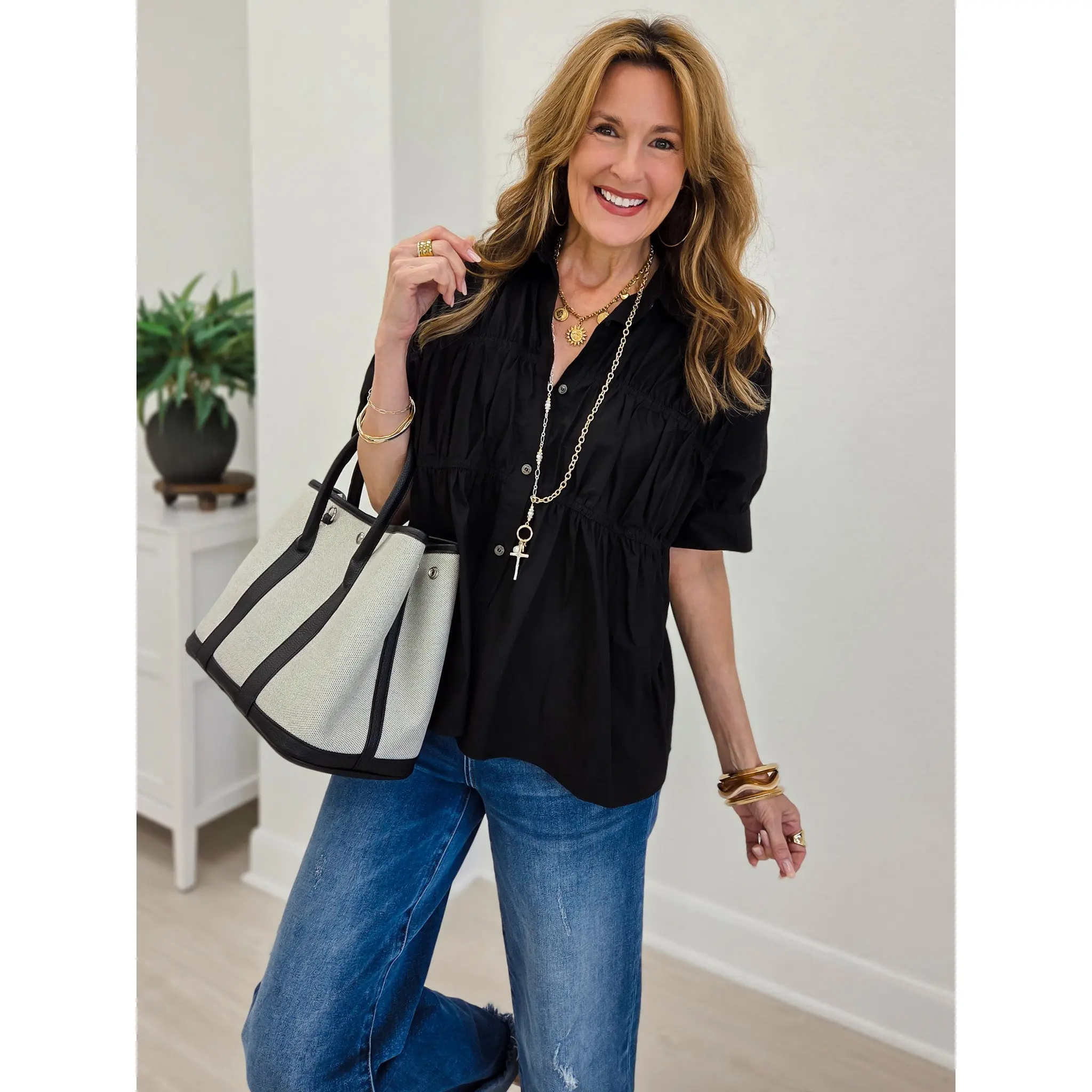 Elise Textured Shirred Waist Poplin Top