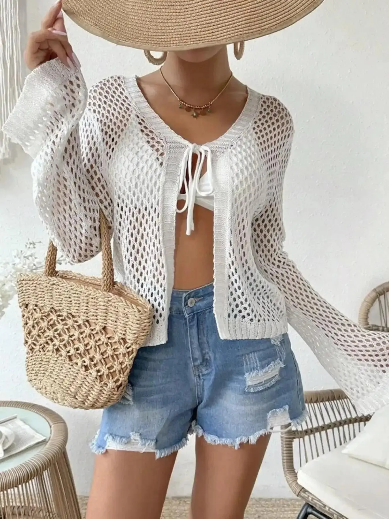 Women's Plain Hollow Out Tie Front Drawstring V Neck Cardigan, Casual Long Sleeve Knitwear for Summer, Fashion Women's Knit Clothing for Daily Wear, Casual Chic, Soft Material, Must Have Item, Easy Styling
