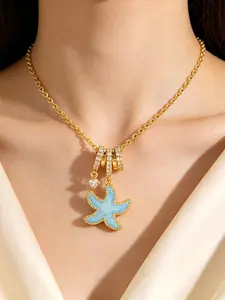 Blue Starfish Zircon Necklace, Fashion Casual, Daily Wear, Beach Party, Vacation Jewelry, Animal Pattern, Gold-Plated Copper Chain