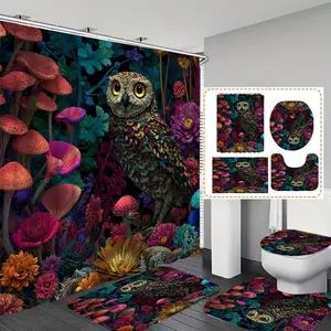 1pc/4pc Plant Floral Mushroom Owl Print Shower Curtain Set, Includes 12 Hooks, Non-Slip Mat, U-Shaped Floor Mat, Bathroom Accessories