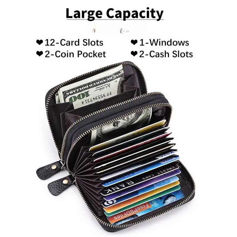 Full Grain Cow Hide Leather Card & Passport Organizer - Large Capacity, Slim Profile, RFID Blocking, Double Zips, Reinforced Stitching for Home & Travel Storage, Full Grain Leather, Rfid Blocker