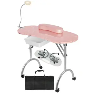 Portable & Foldable Manicure Table Nail Desk On Wheels With Drawer, Updated USB-Plug LED Table Lamp, Client Wrist Pad, Carry Bag For Home Spa Beauty Salon Workstation