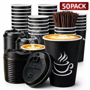 50-Pack 16 Oz Minimalist Black Disposable Plastic Coffee Cup Set with Lids & Straws - Leakproof, Sturdy for Hot/Cold Drinks, Home, Party