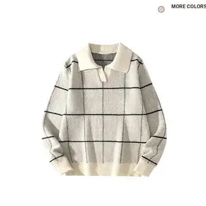 Men's Checkered Long Sleeve Sweater Vintage Plaid Lapel V Neck Jumper Sweater Casual Knitted Pullover Tops Stylish Fashionable for Everyday Wear