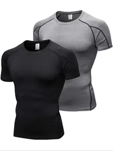 Men's Two-Piece Tight-Fit Short Sleeve T-Shirt, Quick-Dry Sports Innerwear, Gym Workout Base Layer, Running Sport Top, Compression Shirts