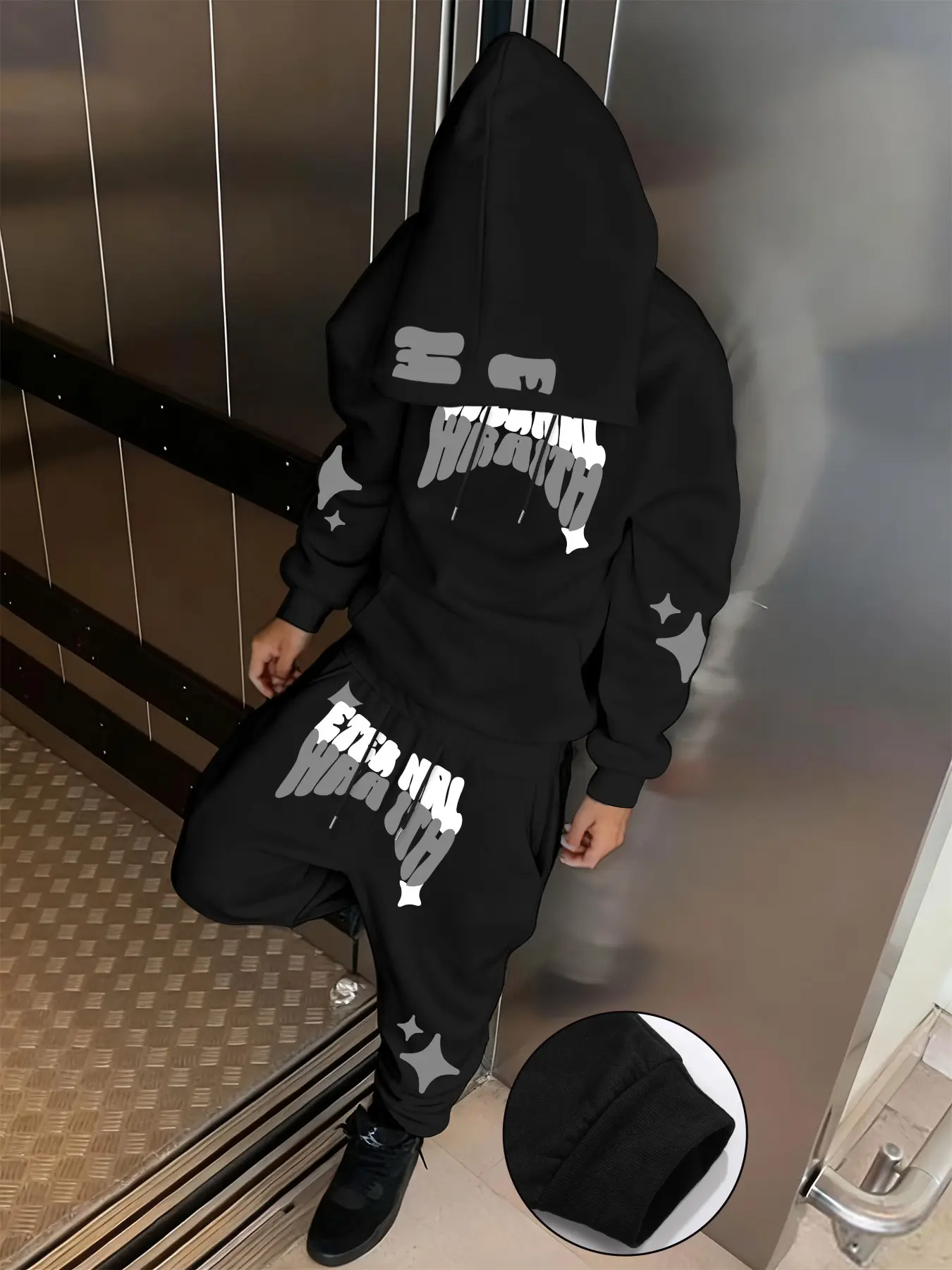 Men's Fall Winter Streetwear Graffiti Letter Print Hooded Sweatshirt Set, Trendy Artistic Style, Fitted Casual Wear, Perfect for Daily