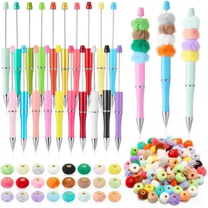 120 count DIY Fuzzy Beads and Beadable Pens Kit 100 Mixed Color Fluffy Faux  Pom Poms Beads 20 Plastic Beaded Pens Bulk for Students School Writing Handicrafts Accessories Christmas Gifts