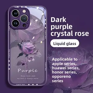 Shimmering Dark Purple Crystal Rose Liquid Glass Phone Case | Full Protective Cover for iPhone Huawei Honor OPPO Reno