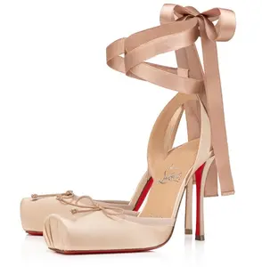 Christian Louboutin Cassia Lace Up 100 Blush Nude Tie Ballet Ballerina Sandal Heel Pump