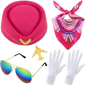 7 Pcs Women Flight Attendant Costume Accessories Stewardess Outfits Bellhop Hat Scarf Sunglasses Gloves