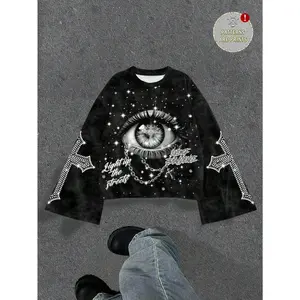 Men's Digital Full Print Loose Cropped Flare Sleeve T-Shirt Gothic Print Top