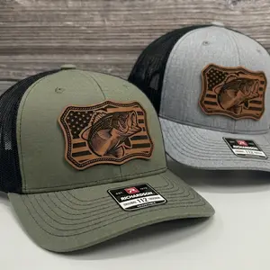 Bass American Flag Leather Patch Hat, Large Mouth Bass, Fishing Hat Patches, Iron on Patch, Leather Patch