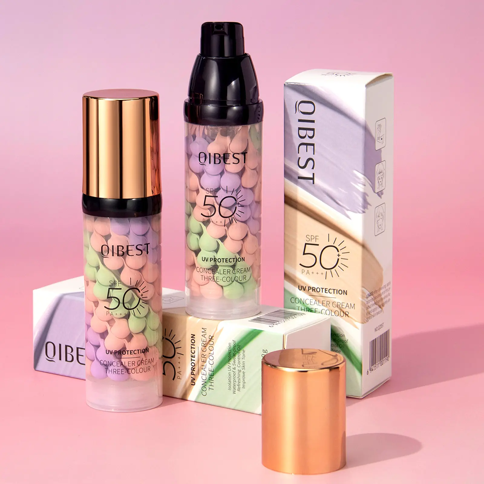 3-in-1 Color Correcting Facial Serum,Moisturizing Primer, , SPF 50 PA++ +Brightening Primer for Even Skin Tone, OilControl & Refreshing, Purple, Pink & GreenTones