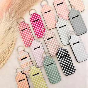 Checker Keychain for Chapstick Retro Trendy Lip Balm Keyring Gift For Her Unique Checker Pattern Neoprene Keychain Accessory Double Ring Girl Gift