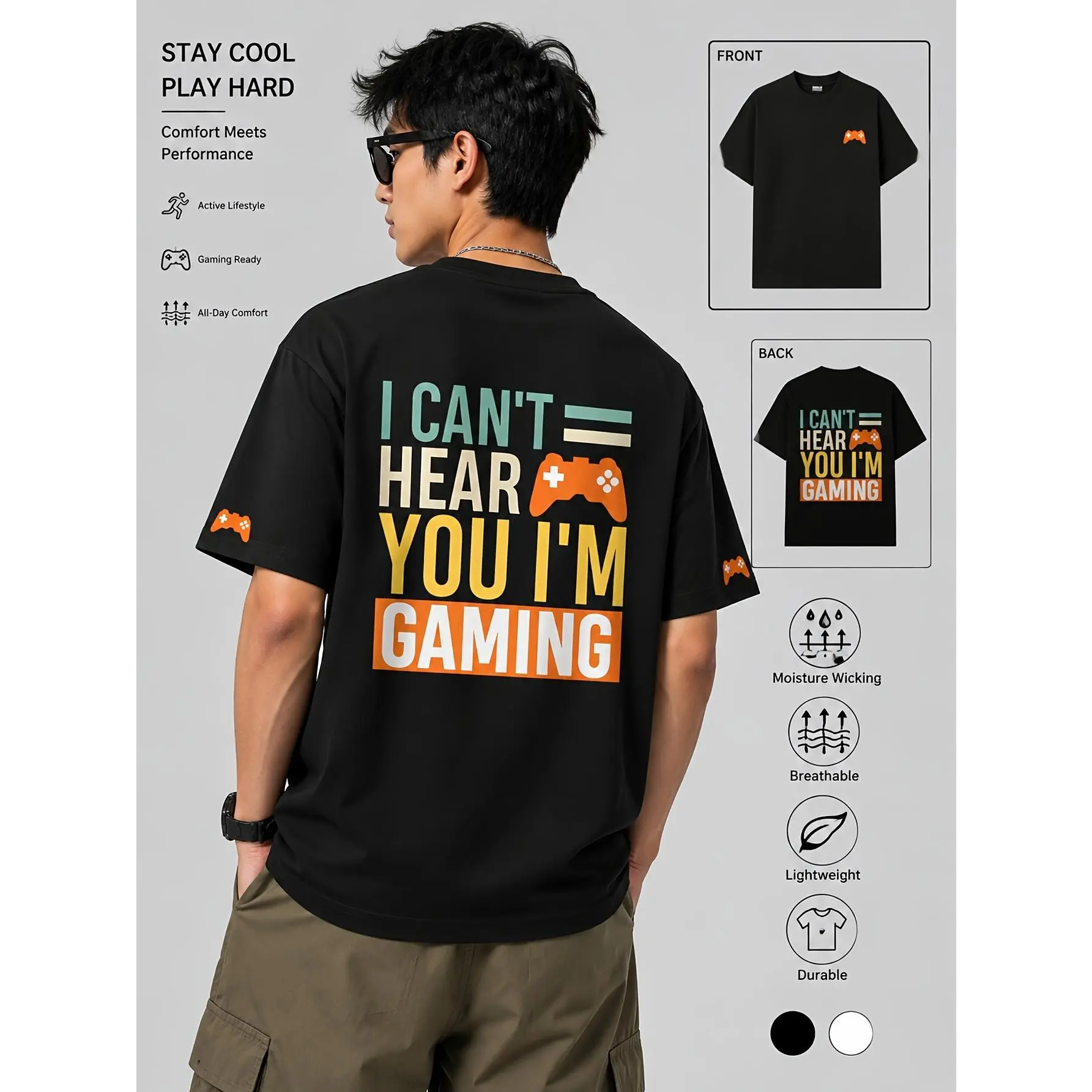 Menswear Oversized Round Neck Short-Sleeve Casual Tee - Black White, Colorful Gaming Slogan & Game Controller Print, Light Breathable Fabric, All Season E-Sports Daily Outfit, Shortsleeve, All Season Wear